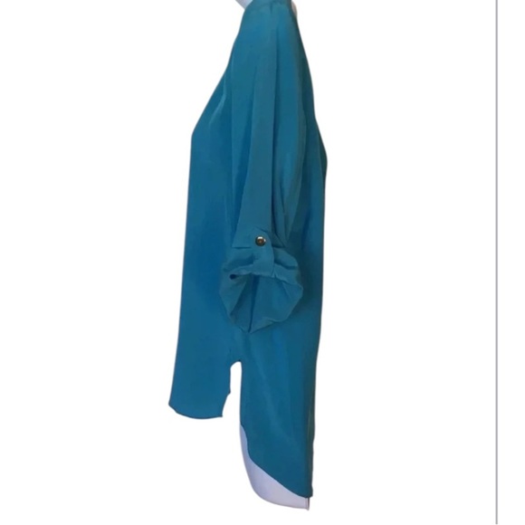 Amanda Uprichard blue silk blouse boat neck tan sleeves hi low hem Size S - Picture 2 of 7